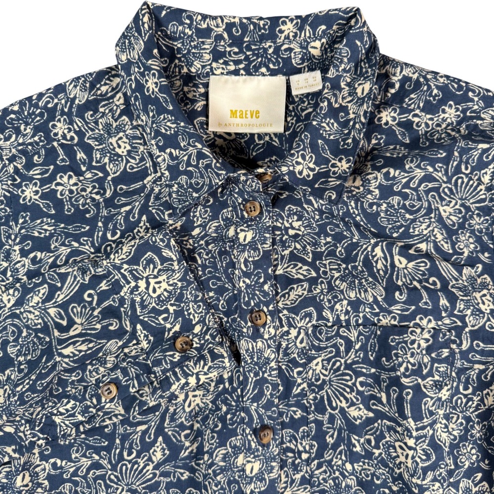 Maeve Anthropologie Floral Button Down Shirt Womens 6 Blue Long Sleeve Cotton